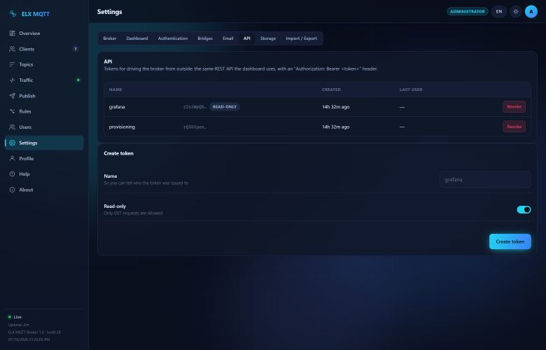 Screenshot: API tokens — Bearer tokens for external systems