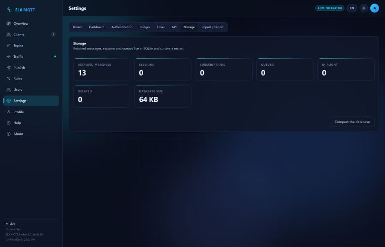 Screenshot: Storage — Persistence and database options